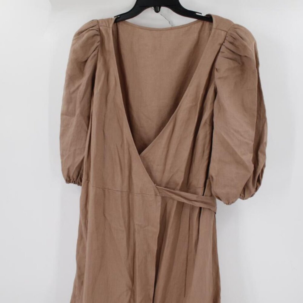 NEW Reformation Anna wrap Dress Women's XL Clay Brown Linen Puff Sleeves Midi - Picture 2 of 15